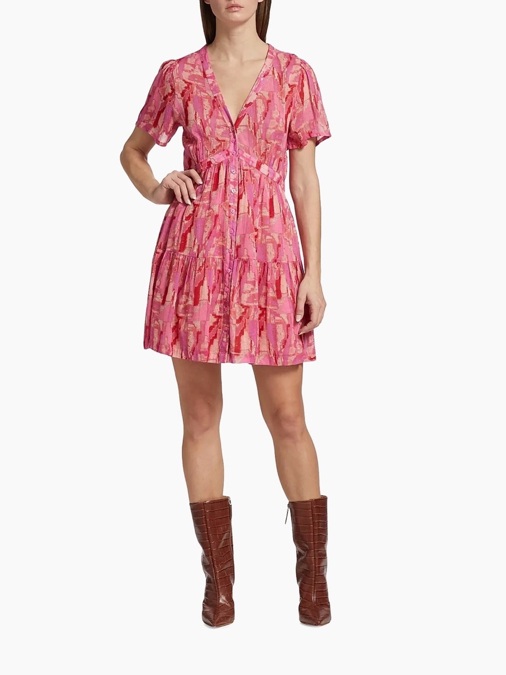 BA&SH Talita Printed Cotton Mini Dress Short Sleeve Empire Waist